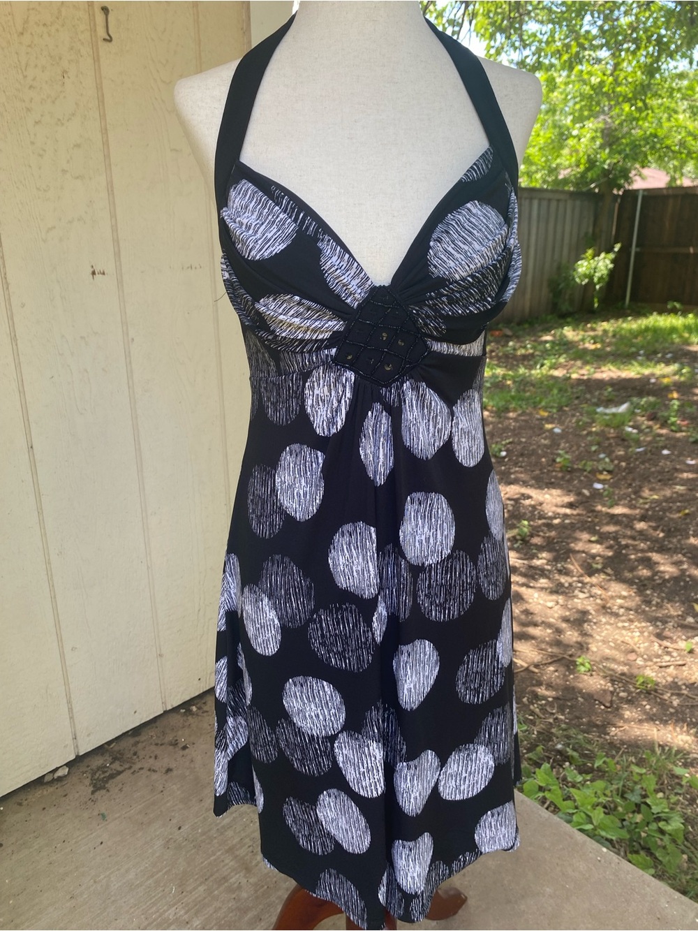Heart Soul Black Halter Dress with White Polka-Stripe Print